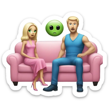 light green skin alien blonde woman in pink dress , and caucasian man in blue dress sitting on a white couch  sticker