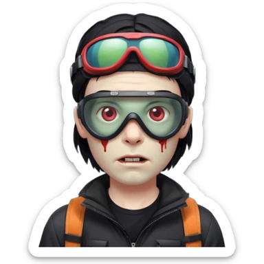 Zombie Emoji AppleIOS Style, lowfade Black Hair, Ski Goggles on right slide of The Head, and Black T-shirt sticker