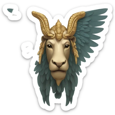 Lamassu, bearded human head, body of a bull, feathered wings that extend from its back sticker