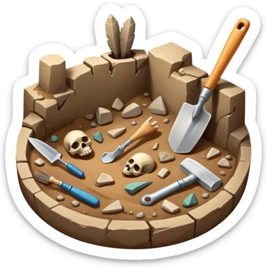 An icon featuring an excavation site with a trowel and ancient artifacts, like pottery and bones, scattered around. The design includes a partially uncovered fossil and a digging brush, symbolizing the discovery of history through archaeology. Transparent background  sticker