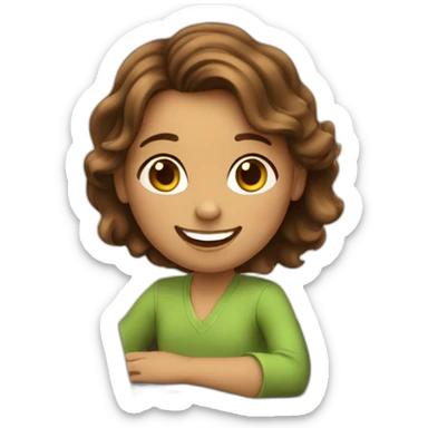 happy girl with wavy brown hair sitting behind a laptop - she's a teacher sticker