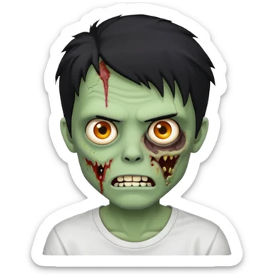 Rosto de frente classico de zombie boca meio torta cabelos medios grandes pretos bagunçados low fade com pele verde clara camiseta branca sticker