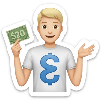 guy excitedly holding a sign showing $20,000/month sticker