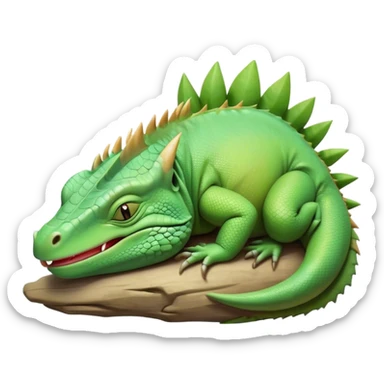 Meme-Worthy Cute Sleeping Iguana Portrait Emoji, Head resting peacefully with a contented smile, showcasing a solid, textured body with a subdued spiky crest and eyes gently closed in serene slumber, Simplified yet adorably endearing features, highly detailed, glowing with a soft, drowsy jungle light, high shine, relaxed and utterly lovable, stylized with an air of playful laziness, soft glowing outline, capturing the essence of a sleeping iguana that feels destined to become the next viral icon of adorable rest! sticker