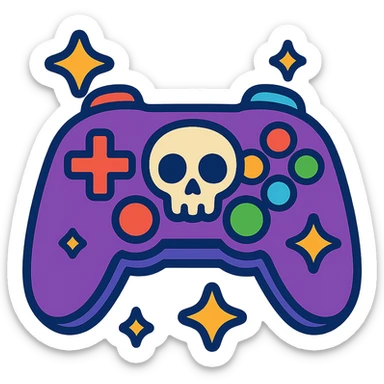 a game controller with a skull motif, rainbow buttons, and sparkles, vibrant toon style, for an inclusive gaming group sticker