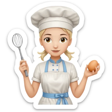Young female pastry chef - ponytail, apron, wearing a white hat, holding an egg beater in her right hand, and naturally hanging her left hand to her side sticker