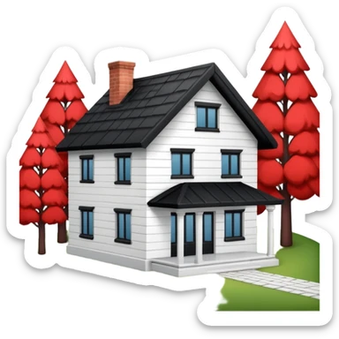 Dom z czarnym dachem i biała elewacja ze wstawkami z czerwonej cegły.Na drugim planie las. sticker