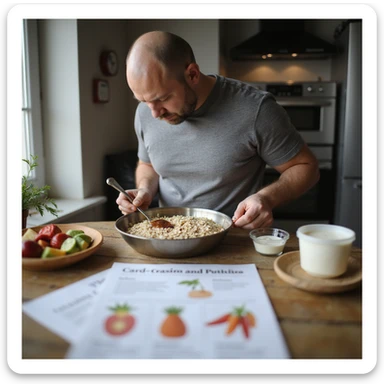 realistic image of a man preparing breakfast following a nutritional plan for cardiovascular health, ingredients like oats, fresh fruit and yogurt on the table, colorful and illustrated nutritional plan, cozy home environment sticker
