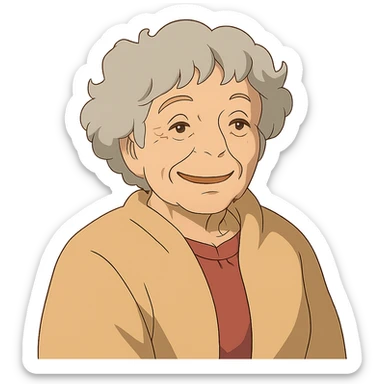 ghibli style older lady with silver curly hair smiling sticker