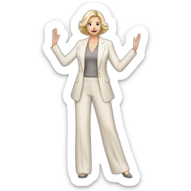 Full height Actively gesturing with hands pale skin woman with ash blonde Straightened bob Hair, White Spacious classical jacket, beige palazzo Arrow pants and gray blouse sticker