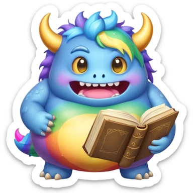 Kawaii derpy fat rainbow monster with magic spell book, rich textures, visually rich, so lifelike that it feels like it could leap off the page at any moment sticker