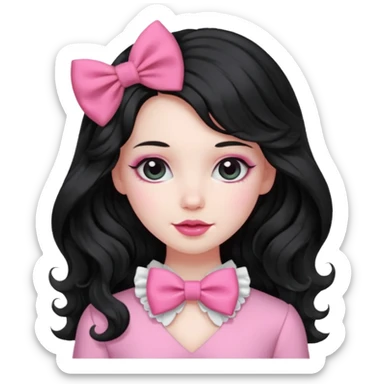 black hair with wavy long hair and pink clothes coquette vibes, a bow sticker