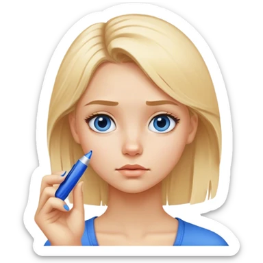 Blond girl with a blue marker in hand with Pensive facial expression sticker