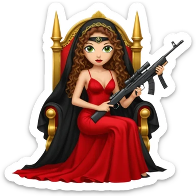 Drug dealer female green eyes symbol.  hair is brown curly long hair. sexy long with long red and black dress and mouth veil cover on that covers her mouth and neck only. black stiletto platform high heels shoes on. Holding sniper rifle sitting on a gold throne. sticker