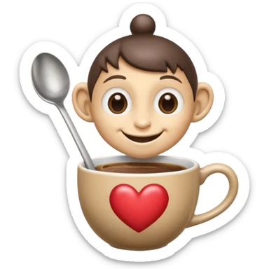 Ink wash style, coffee cup creature, big heart eyes, dopey smile sticker