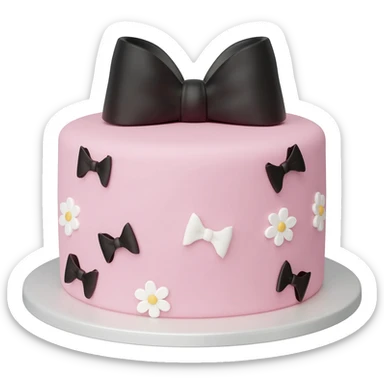 Pastel pink shaped birthday cake with black and white bows and flowers sticker