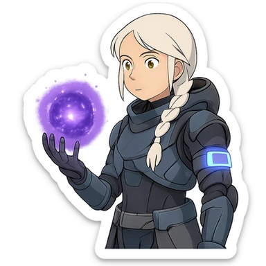 1 female, white hair long braid, gold yellow eyes, no helmet, a novice warlock from Destiny 2 armor, charging a void grenade in her hand, futuristic technology, with a glowing warlock bond, level 1 warlock sticker