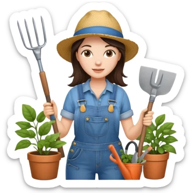 Brunette female gardener wearing overalls holding tools sticker