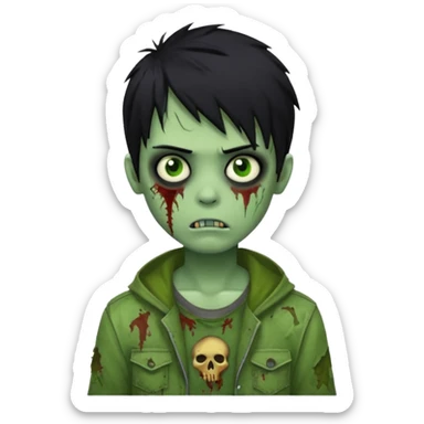 boy zombie with black hair, emo style, green skin, tattered clothes sticker
