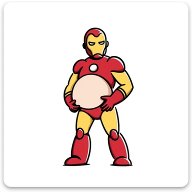 Iron Man superhero with a pregnant belly, iconic red and gold armor suit, arc reactor glowing in chest sticker
