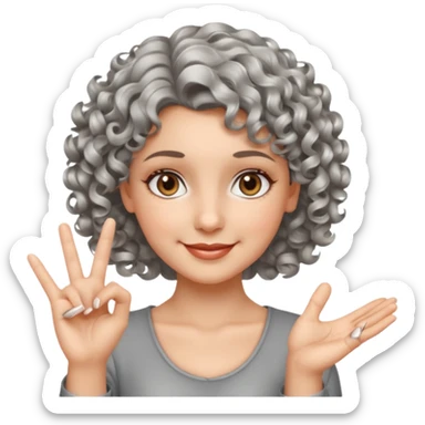 silver, short, wavy-haired with curls, smiling pretty lady, index and middle fingers crossed on one hand, hazel eyes sticker