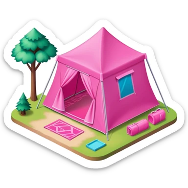 Isometric exterior view of hot pink Barbie campsite sticker