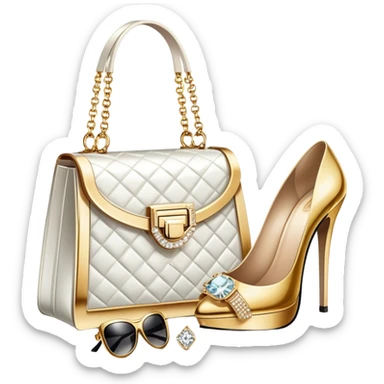 A photorealistic icon featuring luxurious fashion accessories like a high-end handbag, elegant high heels, a sparkling diamond necklace and a stylish pair of sunglasses. The design includes gold accents, purfume, and glamorous textures, fashion, and VIP luxury. Transparent background sticker