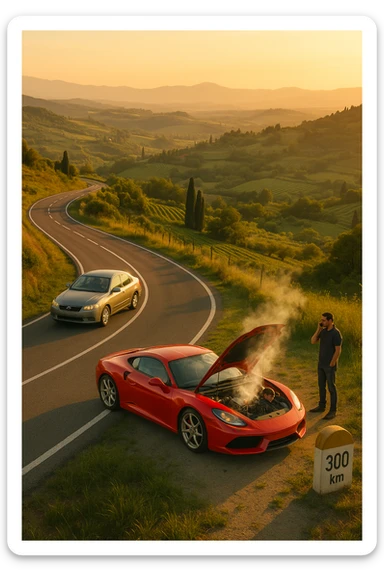 "Aerial view of winding mountain road through Italian countryside, steady reliable sedan maintaining consistent pace with confident driver, versus flashy supercar stopped at roadside with hood open and steam rising, mechanic being called on phone, 300km milestone sign visible in distance, moral lesson about reliability over showmanship, golden hour lighting" sticker