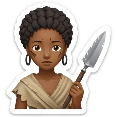ancient black girl, tattered leaf cloth, hold broken stone knife sticker