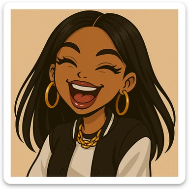 Headshot of a 20-year-old anime Bratz style woman with dark skin, straight hair, laughing uncontrollably, big expressive eyes, glossy lips, trendy streetwear, no hat, no tears. sticker