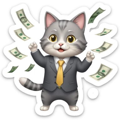 A business cat with money flying around, looking excited sticker