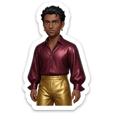 Othello from Othello with dark brown eyes, black hair, dark red metallic shirt, gold metallic baggy pants, gold and earrings sticker