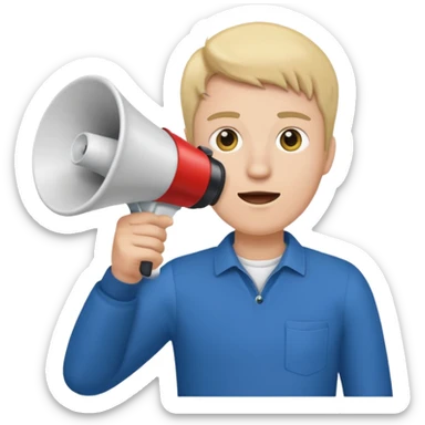 a man with a megaphone, the word 'startup' coming out, emoji style sticker