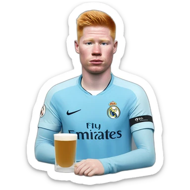 Kevin de Bruyne with a shirt of Manchester City drinking tea with a cup and on the cup there the flag of Real Madrid  sticker