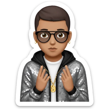 Bad Bunny, Puerto Rican Rapper with dark brown hair, gray sequin outfit sticker