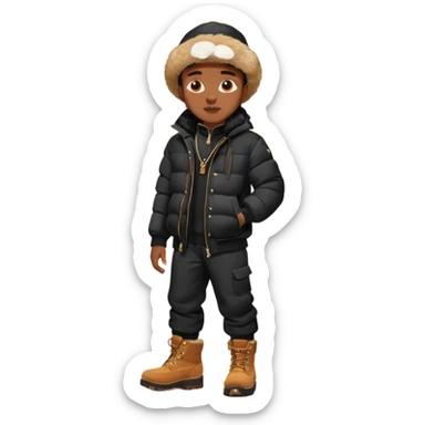 Handsome Black guy with brown skin tone, wear black joggers, a black bubble coat with a fur brim on the hood, and buckwheat timberland boots sticker
