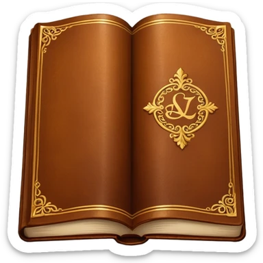 "An open antique leather-bound book with golden edges and calligraphy, detailed embossing, Victorian style, warm brown and gold palette." sticker
