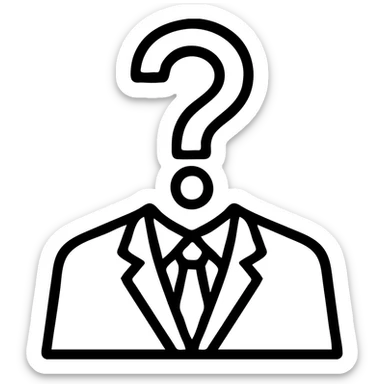 clean lines icon of a suited man in black and white, his head is a large question mark, no background sticker