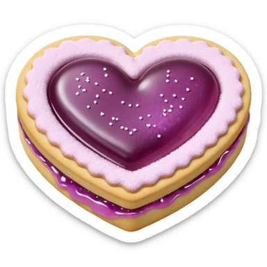 Realistic shortbread cookie in the shape of a heart with mauve jelly middle filling and sprinkled powder sugar on top. sticker