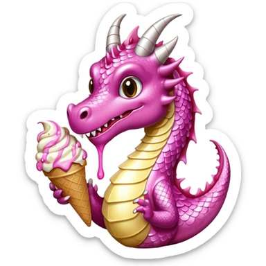 A shiny, glittery dragon in pink tones eats vanilla and chocolate ice cream sticker