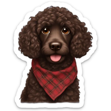 portrait Dark chocolate colored doodle with curly fur wearing a red and black flannel handkerchief sticker