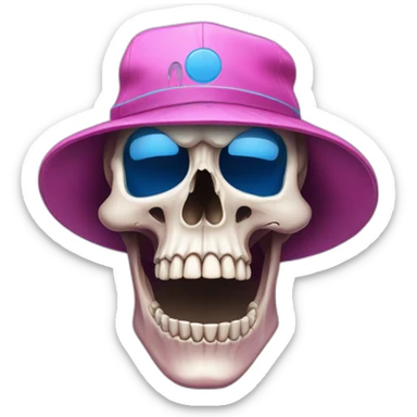 a skull looking off centre by 45 degrees. Wearing a pink hat with a blue “B” motif sticker
