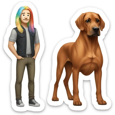 white male with long rainbow colored hair standing alongside a brown rhodesian ridgeback sticker