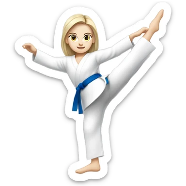white girl with blue eyes doing  taekwono kick to the sky wearing red belt sticker