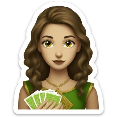 Brown hair beautiful girl green eyes with brown tarot gold cards sticker