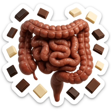 pezzetti di cioccolato fondenti, al latte e bianchi fluttuano intorno ad un intestino umano anatomico realistico, IPERREALISTICO 4K sticker