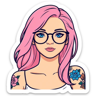 Realistic beautiful woman model, blue eyes and glasses, pink long hair, shoulder tattoo  sticker