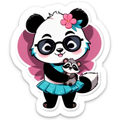 Cute female Panda wearing a tutu and glasses with a flower above 1 ear hugging a male raccoon  sticker
