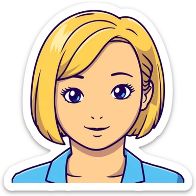 Mrs. Maria, math and artificial intelligence teacher, no glasses, thin nose, blonde eyebrows, blonde bob hair, blue eyes sticker