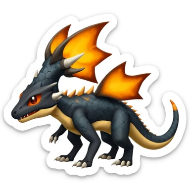Magmatic fiery badass cool obsidian-Black and golden-orange Helioptile-Marowak-Salamence-Fakémon-hybrid-creature (full body)  sticker